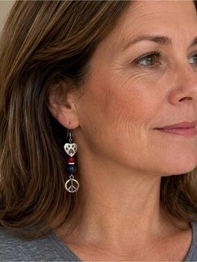 🐾 Silver PAW Heart & Peace Sign Earrings with Red, White and Navy Beads